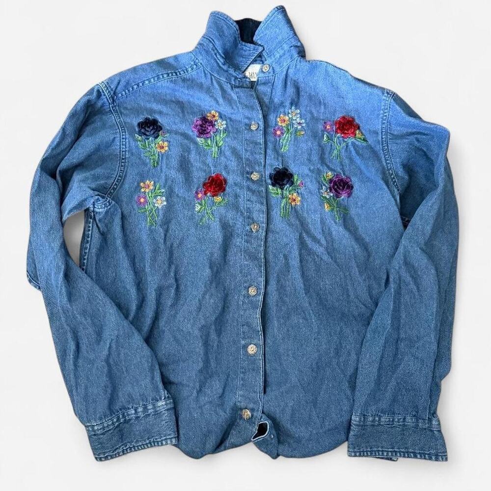 VTG Casey & Max Art Teacher Cottagecore Floral Embroidered Denim Button Up Sz M